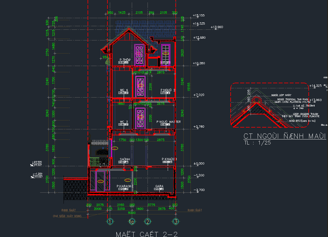 Autocad Nhà phố mái thái 4 tầng kích thước 9x20m, triển khai chi tiết